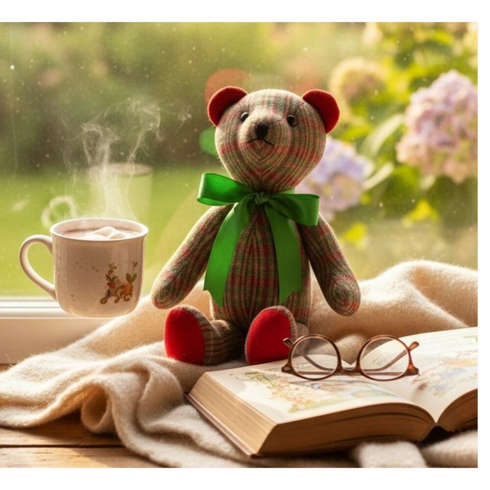 Teddy Bear Plush Green and Red Plaid Cloth With Green Bow Tie 18" Tall